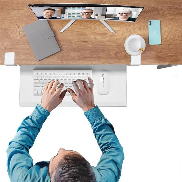 Alt view image 13 of 14 - Under Desk Keyboard Tray - Small Slide Out Keyboard Shelf with C Clamp Mount, 19.7" x 11.8" Ergonomic Pull Out Tray for Home Office Desk, White
