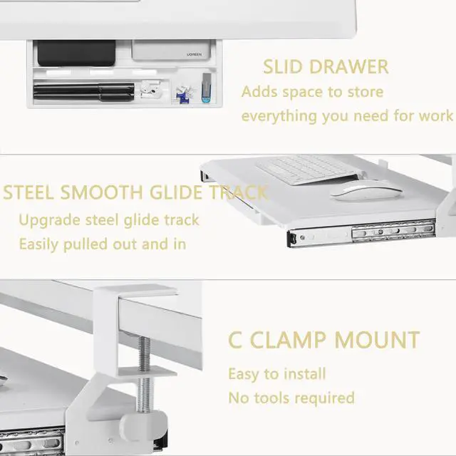 Alt view image 10 of 14 - Under Desk Keyboard Tray - Small Slide Out Keyboard Shelf with C Clamp Mount, 19.7" x 11.8" Ergonomic Pull Out Tray for Home Office Desk, White