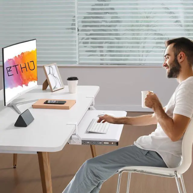 Alt view image 12 of 14 - Under Desk Keyboard Tray - Small Slide Out Keyboard Shelf with C Clamp Mount, 19.7" x 11.8" Ergonomic Pull Out Tray for Home Office Desk, White