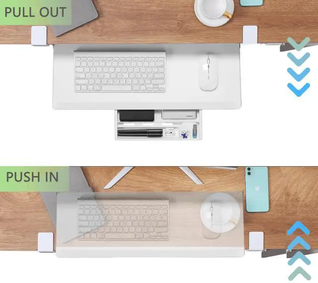 Alt view image 14 of 14 - Under Desk Keyboard Tray - Small Slide Out Keyboard Shelf with C Clamp Mount, 19.7" x 11.8" Ergonomic Pull Out Tray for Home Office Desk, White
