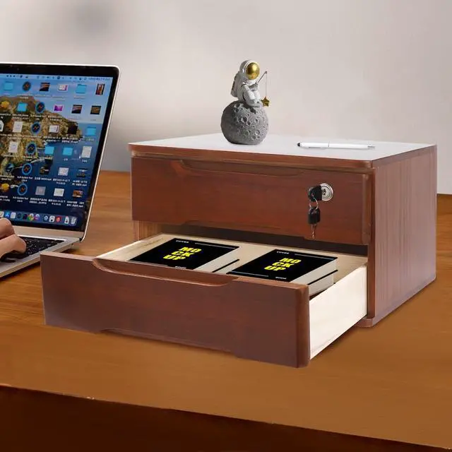 Alt view image 9 of 14 - Wood Desk Organizer with 2 Drawers, Lockable Desktop Countertop Storage Cabinet for Home Office Supplies File Tabletop Organizing Unit (Dark Brown)