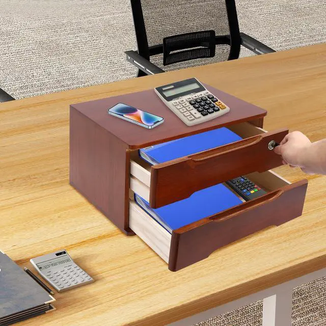 Alt view image 11 of 14 - Wood Desk Organizer with 2 Drawers, Lockable Desktop Countertop Storage Cabinet for Home Office Supplies File Tabletop Organizing Unit (Dark Brown)