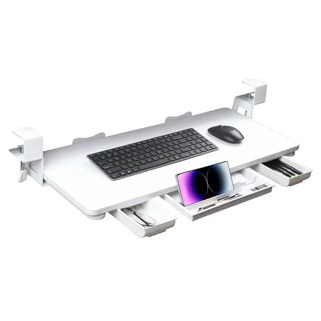 Alt view image 2 of 2 - Keyboard Tray Under Desk with Drawer,26.77" X 11.81"Large Size Keyboard Tray with C Clamp-on Mount, Easy to Install, for Home Office (White)