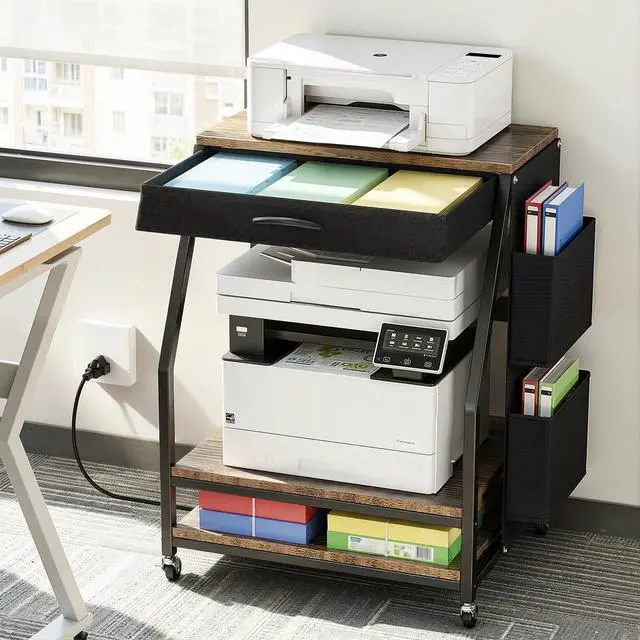 Alt view image 8 of 14 - Large Printer Stand, 3 Tier 22 x 18 Inch Mobile Printer Table | with Charging Station & Adjustable Storage Shelf, Rolling Printer Cart, Printer Stand with storage for Home Office