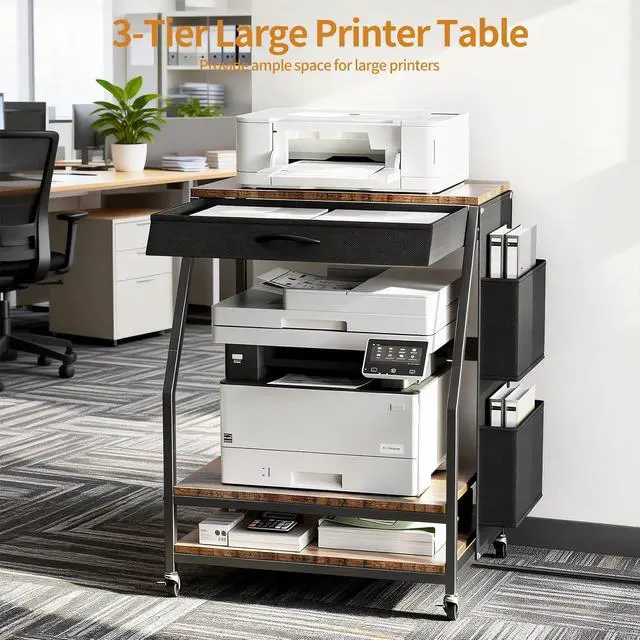 Alt view image 9 of 14 - Large Printer Stand, 3 Tier 22 x 18 Inch Mobile Printer Table | with Charging Station & Adjustable Storage Shelf, Rolling Printer Cart, Printer Stand with storage for Home Office