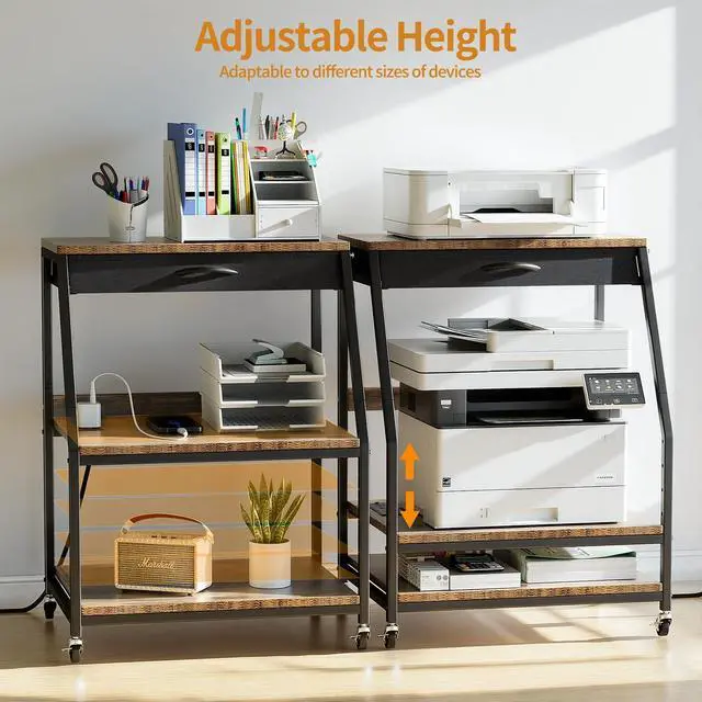 Alt view image 10 of 14 - Large Printer Stand, 3 Tier 22 x 18 Inch Mobile Printer Table | with Charging Station & Adjustable Storage Shelf, Rolling Printer Cart, Printer Stand with storage for Home Office