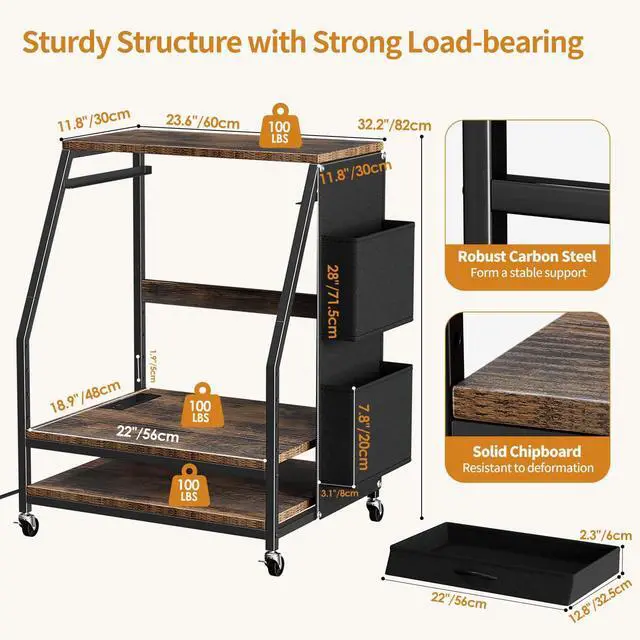 Alt view image 14 of 14 - Large Printer Stand, 3 Tier 22 x 18 Inch Mobile Printer Table | with Charging Station & Adjustable Storage Shelf, Rolling Printer Cart, Printer Stand with storage for Home Office