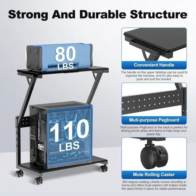 Alt view image 10 of 14 - Computer Tower Stand, 5 Levels Height Adjustable PC Tower Stand/Cart with Locking Wheels, 23.22"-31.10", Mobile Rolling CPU Holder, 29In Large PC Stand for Home Office, Black