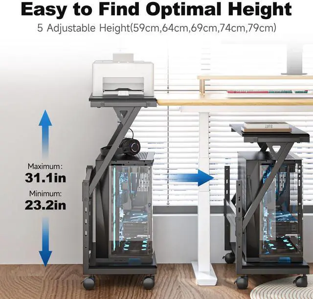 Alt view image 11 of 14 - Computer Tower Stand, 5 Levels Height Adjustable PC Tower Stand/Cart with Locking Wheels, 23.22"-31.10", Mobile Rolling CPU Holder, 29In Large PC Stand for Home Office, Black