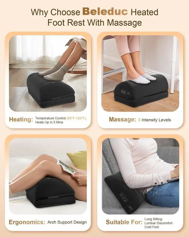 Alt view image 13 of 14 - Heated Foot Rest Under Desk at Work, Ergonomic Under Desk Foot Stool with Vibration Massage, Memory Foam Footrest, 3 Adjustable Height, Non-Slip