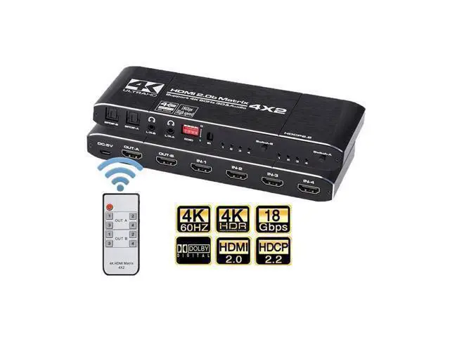 Alt view image 8 of 14 - 4x2 HDMI Matrix, 4K@60Hz 4 in 2 Out HDMI Switch Splitter with IR Remote, HDMI Matrix Switch + Coaxial + Optical + 3.5mm Audio Output, Support HDMI2.0, HDCP2.2, EDID, 3D, Audio Extractor