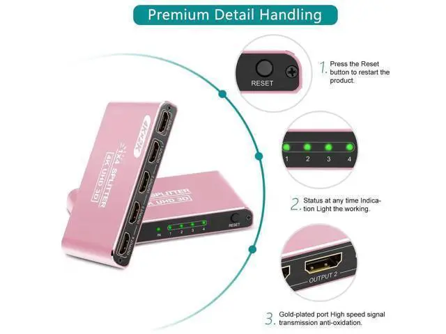 Alt view image 9 of 14 - AOMOPROING HDMI Splitter 1 in 4 Out, 4K HDMI Splitters for Four Monitors Supports 3D Full HD 1080P Aluminum, Compatible for PS4 Fire Stick HDTV(1 Source to 4 Displays) Pink