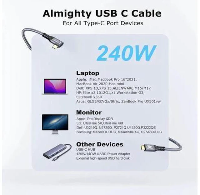 Alt view image 13 of 14 - Aomoproing USB C 3.2 Gen2x2 20Gbps Cable, 90Degree USB C 4K@60Hz UHD Video 5A/240W PD3.1 Fast Charge Cord with E-Marker Compatible with Thunderbolt 3/4 2M