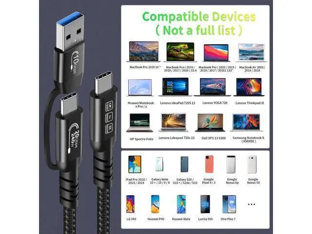 Alt view image 12 of 14 - Aomoproing USB2.0 A to USB C 3.2 Type C 20Gbps Male to Male Detachable 2m 6.6ft Cable Data Extension 10Gbps 240W Fast Charge 8K Ultra HD Video Data Connection Power Line