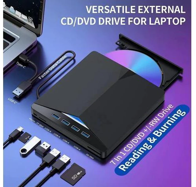 Alt view image 10 of 14 - USB 3.0 & Type C External CD/DVD Drive, 7 in 1 USB 3.0 USB C DVD Player Portable CD/DVD Burner, CD ROM External DVD Drive Compatible with Laptop Desktop PC Windows 11/10/8/7 Linux Mac OS (Jet Balck)
