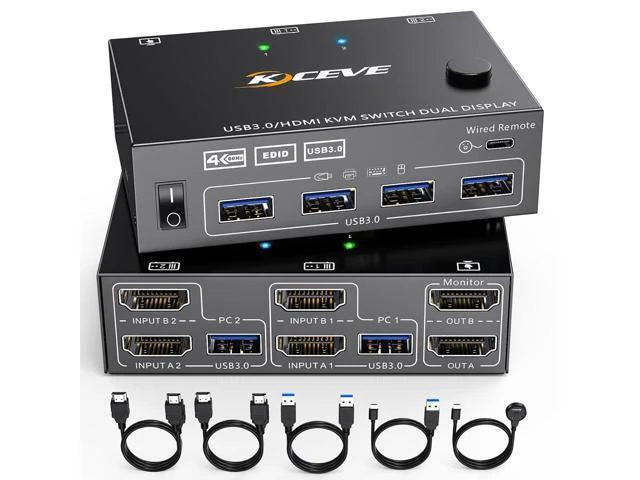 Alt view image 6 of 10 - HDMI KVM Switch 2 Monitors 2 Computers 4K@60Hz, Simulation EDID, Dual Monitor KVM Switch 2 Port for 2 Computers Share 2 Monitors and 4 USB3.0 Devices, 2 HDMI USB Cables and Wired Controller Included