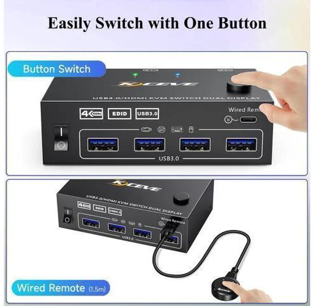 Alt view image 10 of 10 - HDMI KVM Switch 2 Monitors 2 Computers 4K@60Hz, Simulation EDID, Dual Monitor KVM Switch 2 Port for 2 Computers Share 2 Monitors and 4 USB3.0 Devices, 2 HDMI USB Cables and Wired Controller Included