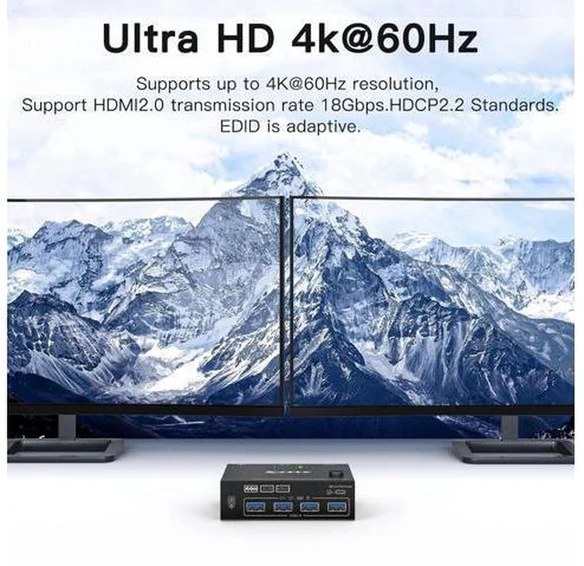 Alt view image 8 of 10 - HDMI KVM Switch 2 Monitors 2 Computers 4K@60Hz, Simulation EDID, Dual Monitor KVM Switch 2 Port for 2 Computers Share 2 Monitors and 4 USB3.0 Devices, 2 HDMI USB Cables and Wired Controller Included