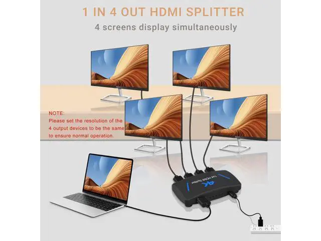 Alt view image 9 of 10 - AOMOPROING 4K HDMI Splitter 1 in 4 Out, 1x4 HDMI Splitter Duplicate/Mirror Screen, 4 Port HDMI Splitter Powered Support 4Kx2K@30Hz 3D for PS5, TV Box - Copy 1 Source to 4 Displays(Not Extend)