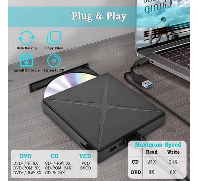 Alt view image 12 of 12 - 5 in 1 External CD/DVD Drive for Laptop, Ultra Slim USB 3.0 Type-C CD DVD +/-RW Burner, Optical Disk Drive Player with 2 USB Ports and TF/SD Reader, for Laptop Mac PC Windows 11/10/8/7 Linux OS