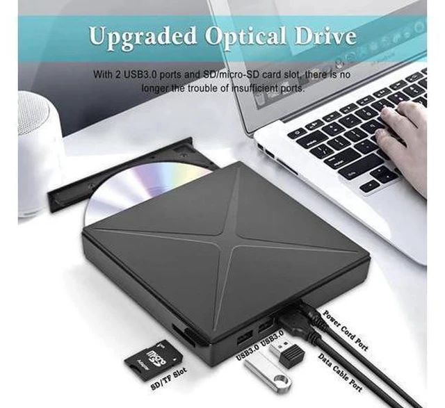 Alt view image 11 of 12 - 5 in 1 External CD/DVD Drive for Laptop, Ultra Slim USB 3.0 Type-C CD DVD +/-RW Burner, Optical Disk Drive Player with 2 USB Ports and TF/SD Reader, for Laptop Mac PC Windows 11/10/8/7 Linux OS