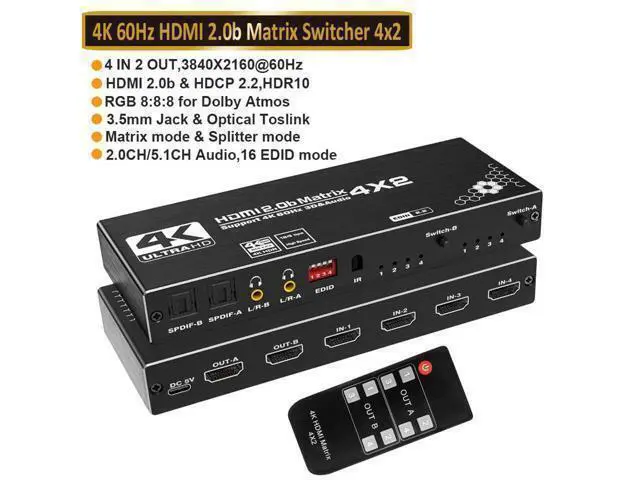 Alt view image 8 of 14 - 4K@60Hz 4X2HDMI Matrix, 4 in 2 Out Switcher with HDR10,2xSPDIF Audio, 2x3.5mm L/R Audio, EDID, Downscaler 4K to 1080P and RGB 8:8:8(Dolby ATMOS)