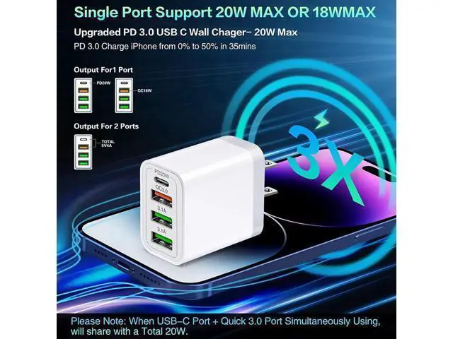 Alt view image 9 of 14 - 35W USB C Fast Charger, 4-Pack 4-Port PD Type C+ Quick 3.0 USB A Wall Charger Block Compatible for i-P-h-o-n-e 12/13/14 /Pro Max, XS/XR/X, Pad Pro, S-a-m-s-u-n-g Galaxy, M-o-t-o, Tablet, and More