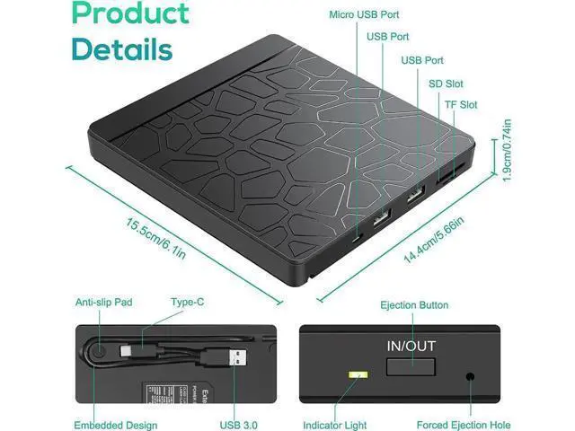 Alt view image 10 of 14 - External CD DVD Drive for laptop Windows 11 10, USB 3.0 and Type-C Portable CD DVD +/-RW ROM Drive Reader CD/DVD Burner Rewriter with SD TF Slot & 2x USB Ports, Slim DVD/CD Player for Linux, Mac OS