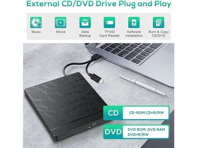 Alt view image 13 of 14 - External CD DVD Drive for laptop Windows 11 10, USB 3.0 and Type-C Portable CD DVD +/-RW ROM Drive Reader CD/DVD Burner Rewriter with SD TF Slot & 2x USB Ports, Slim DVD/CD Player for Linux, Mac OS