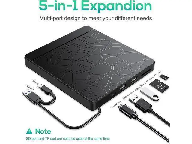 Alt view image 9 of 14 - External CD DVD Drive for laptop Windows 11 10, USB 3.0 and Type-C Portable CD DVD +/-RW ROM Drive Reader CD/DVD Burner Rewriter with SD TF Slot & 2x USB Ports, Slim DVD/CD Player for Linux, Mac OS