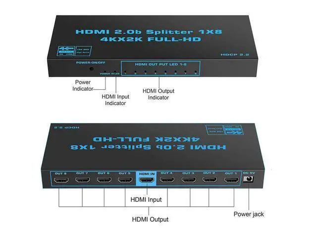 Alt view image 10 of 14 - 4K 60Hz HDMI Splitter 1 in 8 Out HDMI2.0 8 Port Splitter with US Adapter for Computer MacBook Xbox 360 Xbox One PS5/4 Blu-Ray DVD (1in 8out)