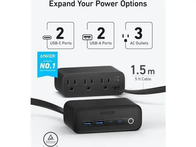 Alt view image 12 of 14 - 525 Charging Station 5 ft Thin Cord and Flat Plug 7-in-1 USB C Power Strip for iPhone 15/14 3 AC 2 USB A 2 USB C 65W Power Delivery Desktop Accessory for MacBook Pro Office (Phantom Black)