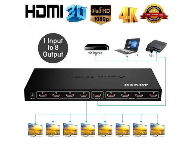 Alt view image 8 of 14 - Hdmi Splitter 1 in 8 Out V1.4b Powered Hdmi Video Splitter with AC Adaptor Duplicate/Mirror Screen Monitor Supports Ultra HD 1080P 4K and 3D Resolutions (1 Input to 8 Outputs)