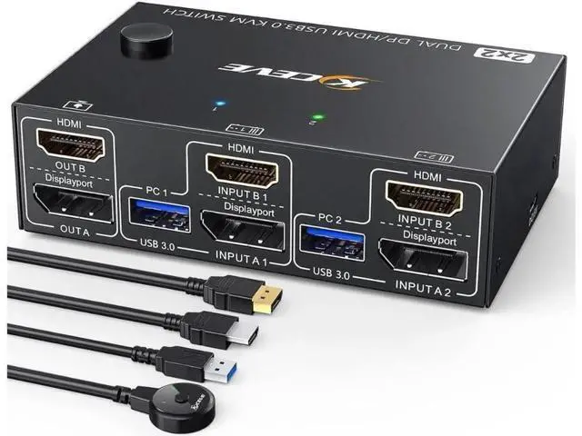 Alt view image 8 of 14 - USB 3.0 Dual Monitor KVM Switch HDMI+Displayport 4K@60Hz,2K@120Hz,Camgeet 2 Monitors 2 Computers KVM Switch for 2 Computer Share 2 Display and 4 USB3.0 Devices.Wired Remote and 4 Cables Included