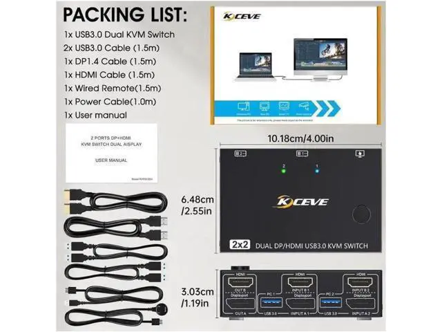 Alt view image 14 of 14 - USB 3.0 Dual Monitor KVM Switch HDMI+Displayport 4K@60Hz,2K@120Hz,Camgeet 2 Monitors 2 Computers KVM Switch for 2 Computer Share 2 Display and 4 USB3.0 Devices.Wired Remote and 4 Cables Included