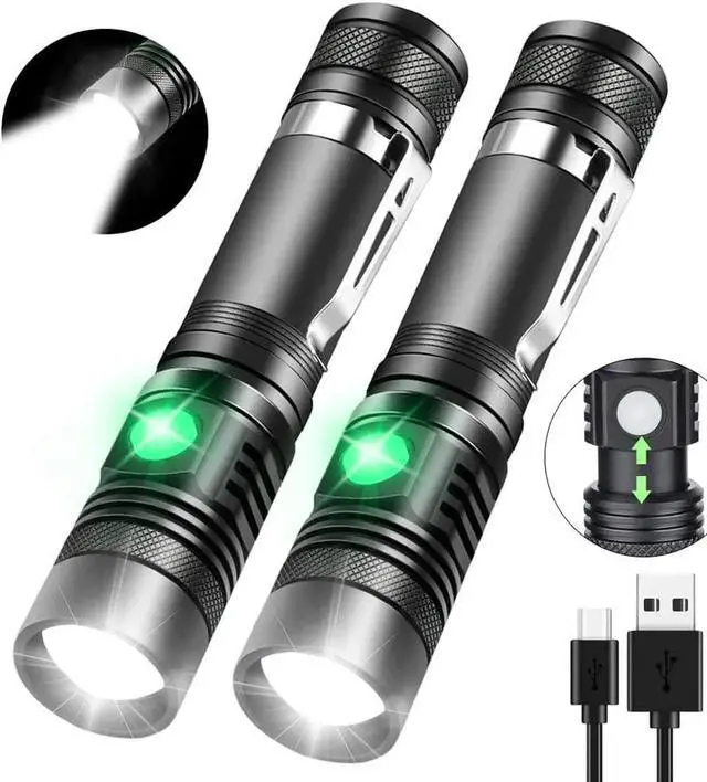 Alt view image 8 of 14 - Rechargeable Flashlight Pocket-Sized Torch with Super Bright 1200 Lumens T6 LED Water Resistant Zoomable LED Tactical Flashlights with Clip 4 Modes for Camping Hiking and Emergency(2 Pack)