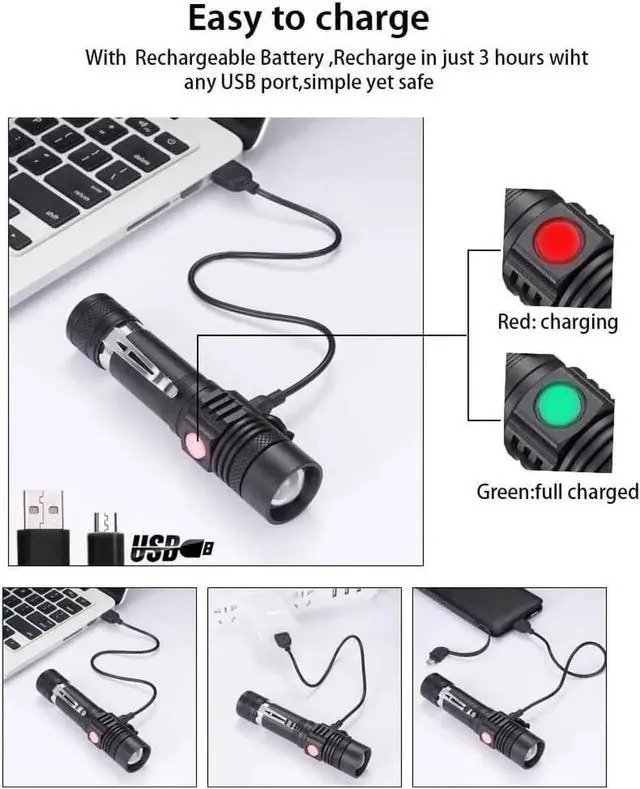 Alt view image 13 of 14 - Rechargeable Flashlight Pocket-Sized Torch with Super Bright 1200 Lumens T6 LED Water Resistant Zoomable LED Tactical Flashlights with Clip 4 Modes for Camping Hiking and Emergency(2 Pack)