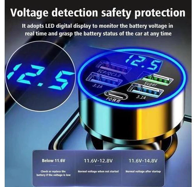 Alt view image 12 of 14 - Car Charger LED Cigarette Lighter Socket 4Port USB Super Fast Charging +Type-C