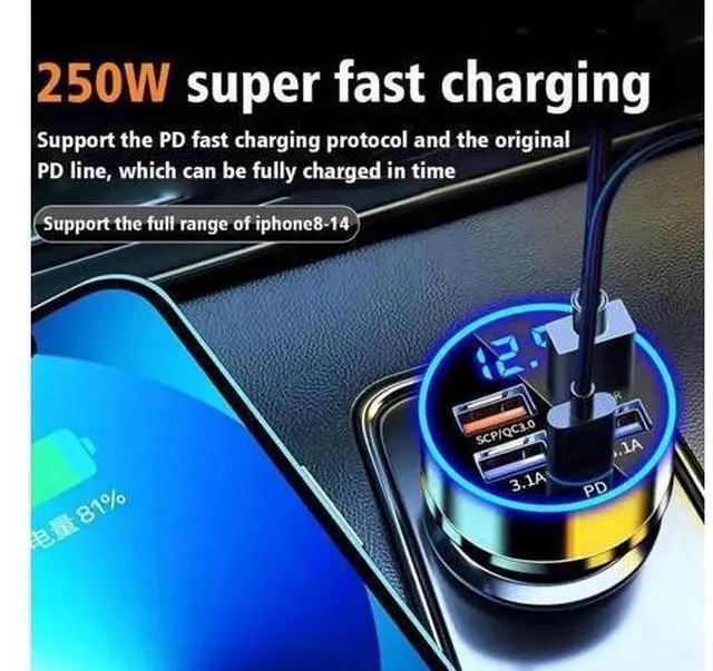 Alt view image 13 of 14 - Car Charger LED Cigarette Lighter Socket 4Port USB Super Fast Charging +Type-C