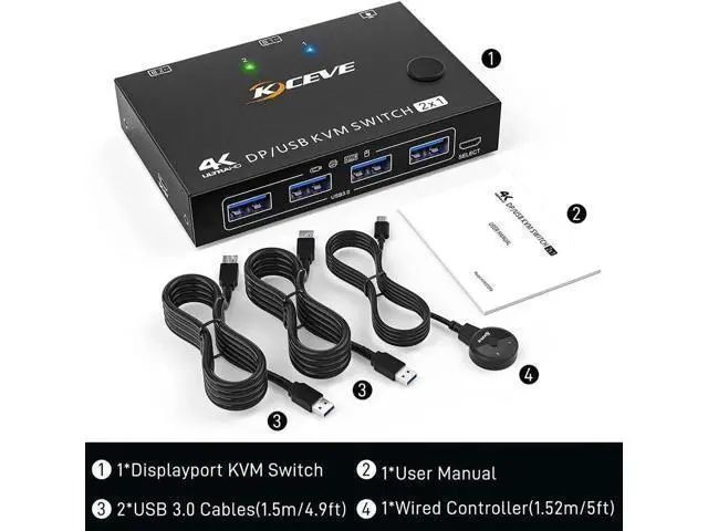 Alt view image 2 of 2 - 2 Ports Displayport KVM Switch Support 3440x1440 @144Hz,3840x2160 @60Hz for 2 PC 1 Monitor to Share 4 USB 3.0 Devices, USb 3.0 DP KVM Switch 2 in 1 Out Includes 2x USB 3.0 Cables and Wired Controller