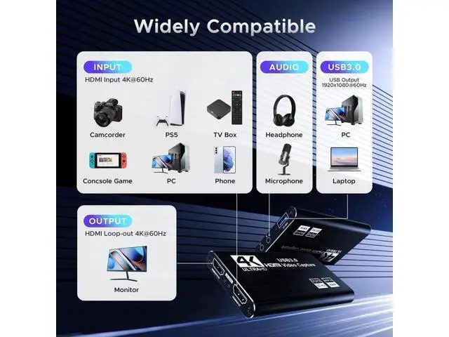 Alt view image 10 of 14 - AOMOPROING Video Capture Card, USB 3.0 Capture Card 4K HDMI Loop-Out, 1080P 60FPS/2K 30FPS Video Game Capture for Works for PS5/Camera/PC
