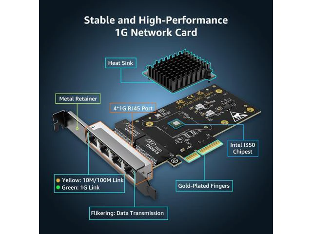 Alt view image 8 of 12 - 4 Port Gigabit Base-T Network Card Intel I350 Controller 4 Port 1G PCIe Ethernet Adapter 4 x 1Gbe RJ45 Port NIC Card Windows10/11/Windows Server/Linux