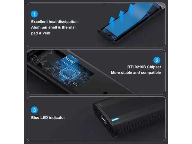 Alt view image 14 of 14 - USB 3.1 to M.2 NVME/SATA SSD Enclosure Reader,USB 3.1 Gen 2 10Gbps Tool Free Enclosure Adapter Support 2242/2260/2280mm with RTL9210B Chipset