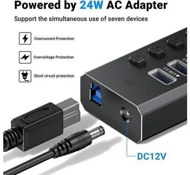 Alt view image 9 of 12 - USB Hub 3.0 Powered, 7-Port Powered USB 3.0 Hub with Individual Switches & 12V Power Adapter & 39'' Long Cable USB Expander Hub Splitter for Mac-Book Air Pro,Mac Mini,i-Mac All Laptops Desktops