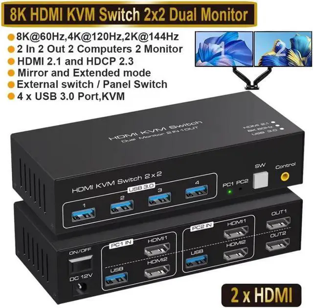 Alt view image 7 of 12 - 8K@60Hz KVM Switch HDMI 2 in 2 Out, HDMI KVM Switch for 2 Computers Share 2 Monitors and 4 USB 3.0 port, 4K@120Hz Dual Monitor HDMI USB KVM Switch, Desktop Controller and 2 USB Cable Included