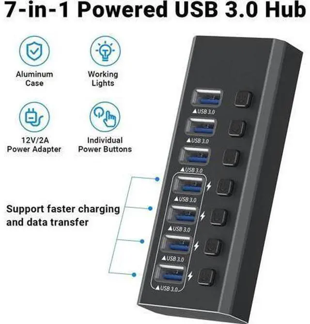 Alt view image 10 of 12 - USB Hub 3.0 Powered, 7-Port Powered USB 3.0 Hub with Individual Switches & 12V Power Adapter & 39'' Long Cable USB Expander Hub Splitter for Mac-Book Air Pro,Mac Mini,i-Mac All Laptops Desktops