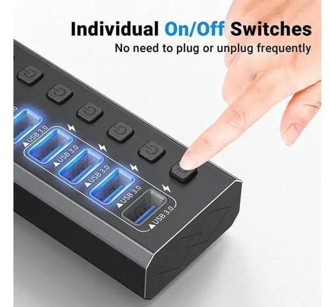 Alt view image 11 of 12 - USB Hub 3.0 Powered, 7-Port Powered USB 3.0 Hub with Individual Switches & 12V Power Adapter & 39'' Long Cable USB Expander Hub Splitter for Mac-Book Air Pro,Mac Mini,i-Mac All Laptops Desktops