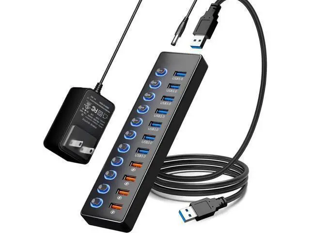 Alt view image 8 of 14 - 11 Port USB Hub 3.0, Powered USB Splitter Includes 7-Port USB-A Data Transfer with 5Gbps and 4-Port Smart Charging with 2.4A, Individual Switches, and USB Extender for Laptop, Mac, Windows, PC