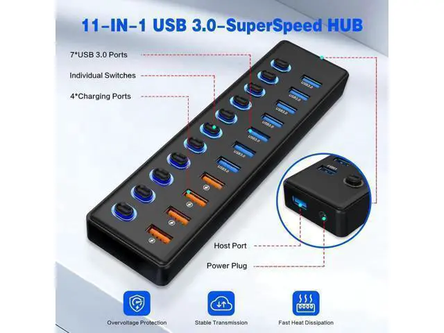 Alt view image 12 of 14 - 11 Port USB Hub 3.0, Powered USB Splitter Includes 7-Port USB-A Data Transfer with 5Gbps and 4-Port Smart Charging with 2.4A, Individual Switches, and USB Extender for Laptop, Mac, Windows, PC