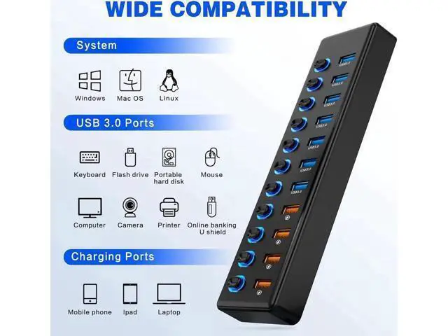 Alt view image 11 of 14 - 11 Port USB Hub 3.0, Powered USB Splitter Includes 7-Port USB-A Data Transfer with 5Gbps and 4-Port Smart Charging with 2.4A, Individual Switches, and USB Extender for Laptop, Mac, Windows, PC